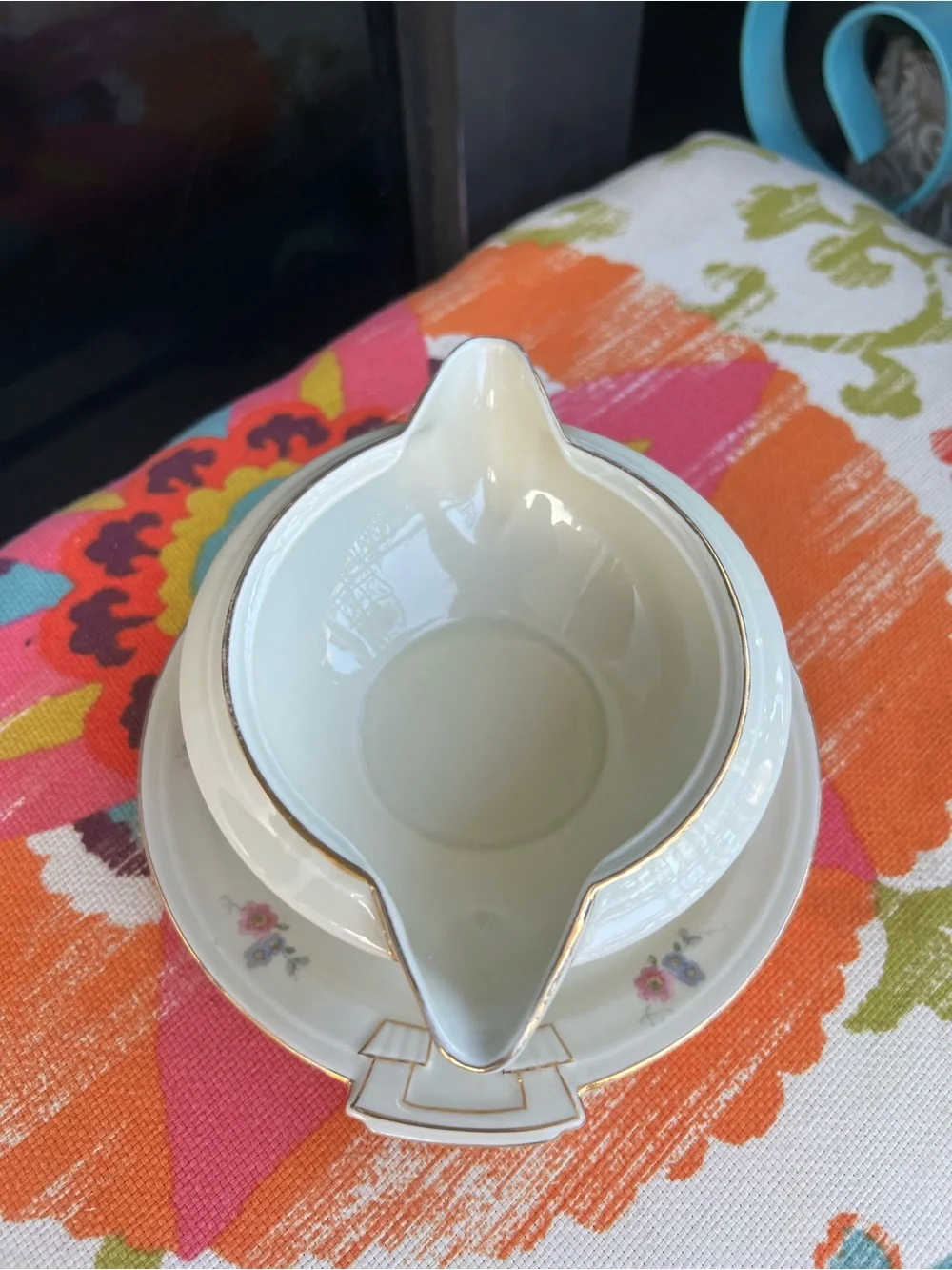 Vintage MECO Czechoslovakia Porcelain Gravy Boat Underplate Floral Gold Trim